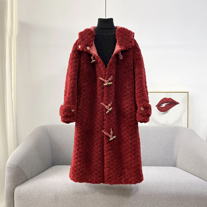 (Australian full wool) Bieger Show big size fur coat grass jacket woman 200 catty, fat mm winter sheep cut velvet big coat with cap