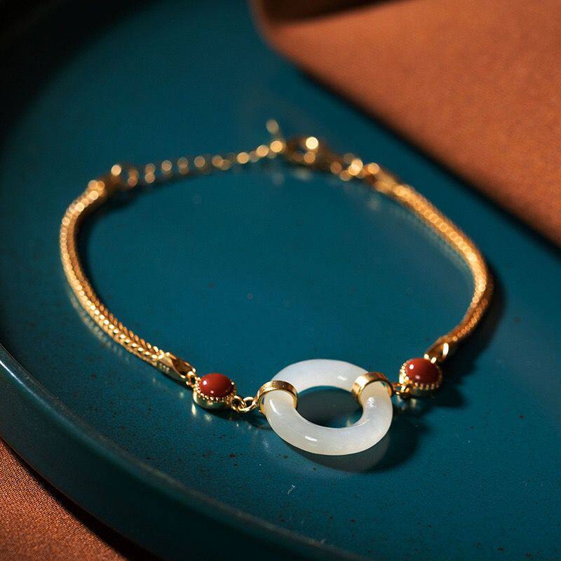 Xi Sui 925 pure silver Ping'an buckle handmade natural and field jade inlaid 18K gold plated personality temperament female adjustment handstring
