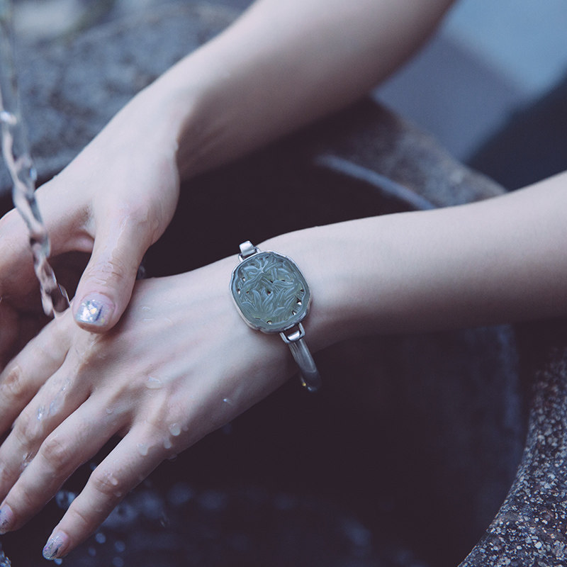 Xi Vegetarian Pure Handmade Original Silver Bracelet Woman Retro Made of Old Process Ethnic Wind Ancient Wind Jade Bamboo Hollowed-out Pure Silver Bracelet