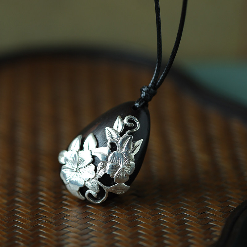 Xi Pheu Black Sandalwood Pure Silver Pendant Adjustable With Long Version Of Sweater Necklace Silver Necklace Woman National Wind Retro Wind Female Pendant