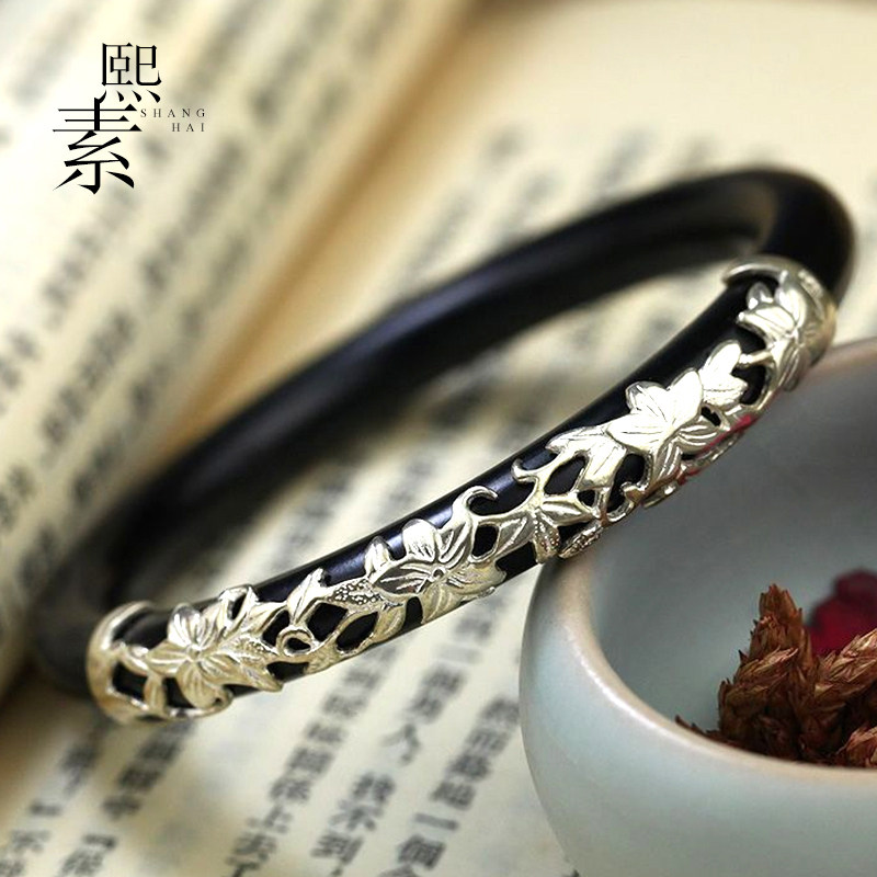 Xi Vegan Original Black Sandalwood Bracelet Pure Silver Sculpture Flower Inlaid Gufeng Ethnic Wind Natural Wood Bracelet Women's Bracelet