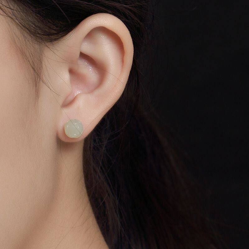 Серьги 熙素原创耳钉古风南红和田玉玛瑙复古莲花简约玉质耳环女纯银耳饰