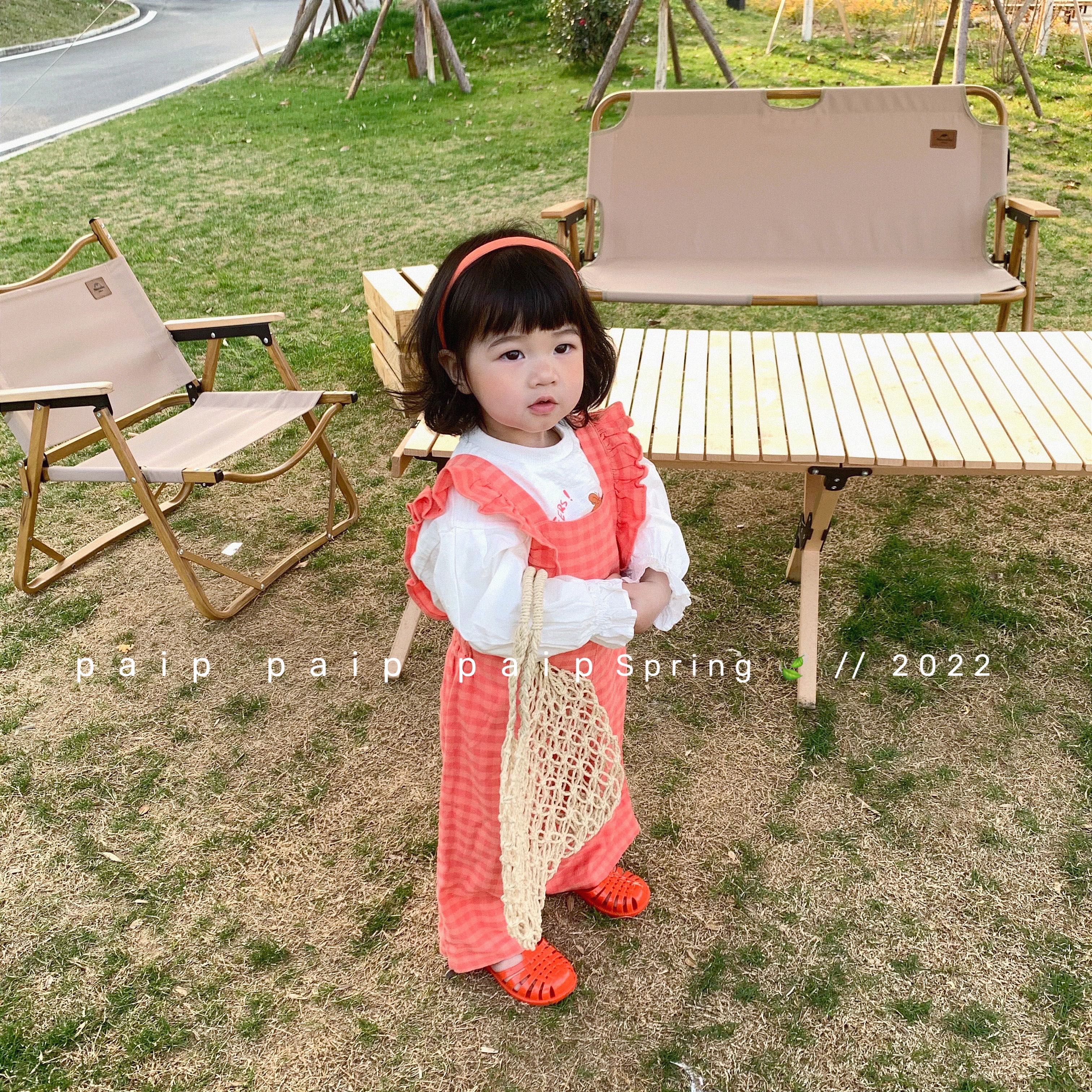 Pig Small Pie 2022 Spring Summer Girl Dress Lotus Leaf Sleeve Long Sleeve T-shirt Plaid Cuddling Bag Long Pants Suit Korea Cute