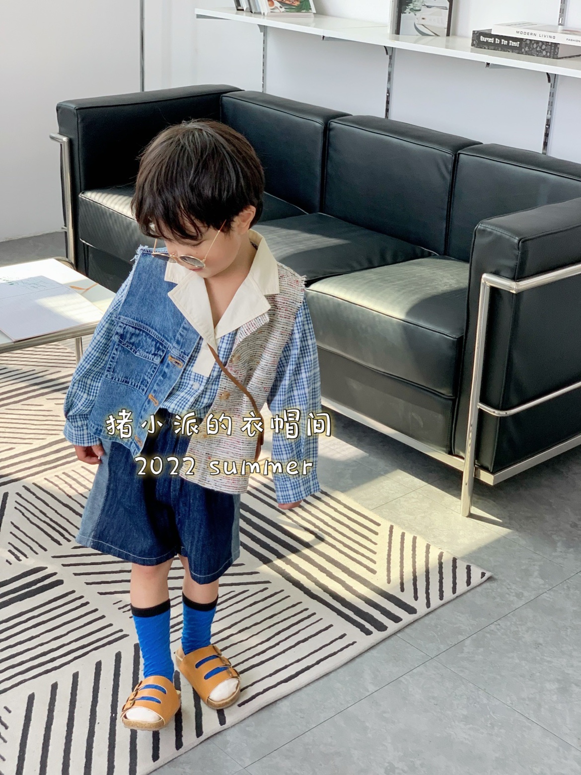 Pig Pie 2022 Spring/Summer Boys Children's Clothing Plaid Shirts Denim Stitching Vest Jeans Korean Suits