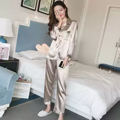 Japanese pajamas women's spring and summer ice silk long-sleeved suit 2021 new two-piece silk loose home clothes that can be worn outside