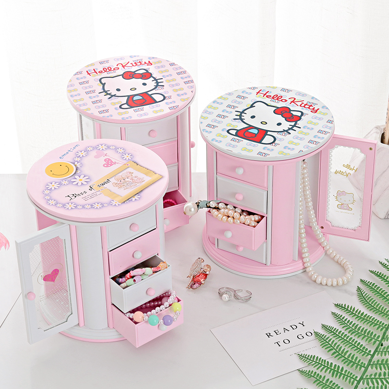 Large-capacity three-drawer round jewelry box music box music box KT cat dressing box girl children birthday gift