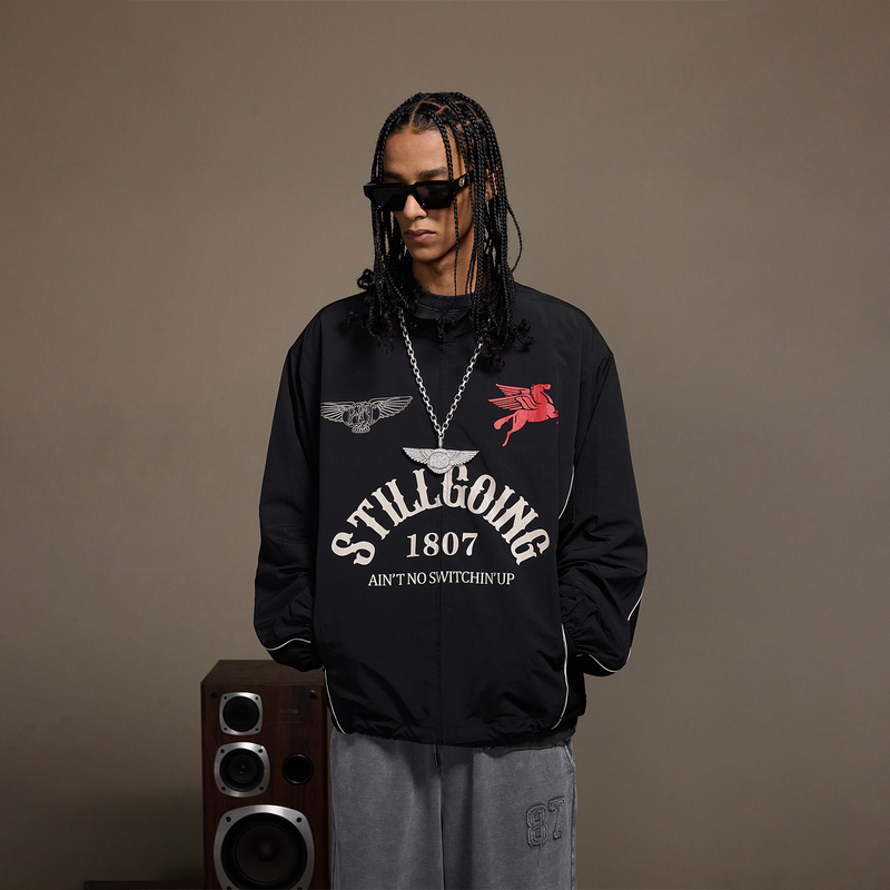 1807 Pegasus Series Printed Retro Stand-Up Collar Sports Jacket, Loose, Comfortable, Breathable Mesh Printed Year of the Horse Jacket