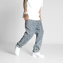 1807 national tide brand spring and summer new full printing embroidery cashew flower casual straight jeans loose trousers mens bottoms