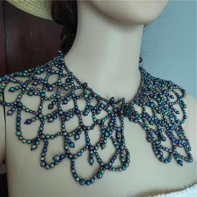 Han Edition Blue Colored Plaid Polo Pearl Handmade Fake Collar Fur Collar Fur Coat Necklace High-quality Collarbone Chain Collar