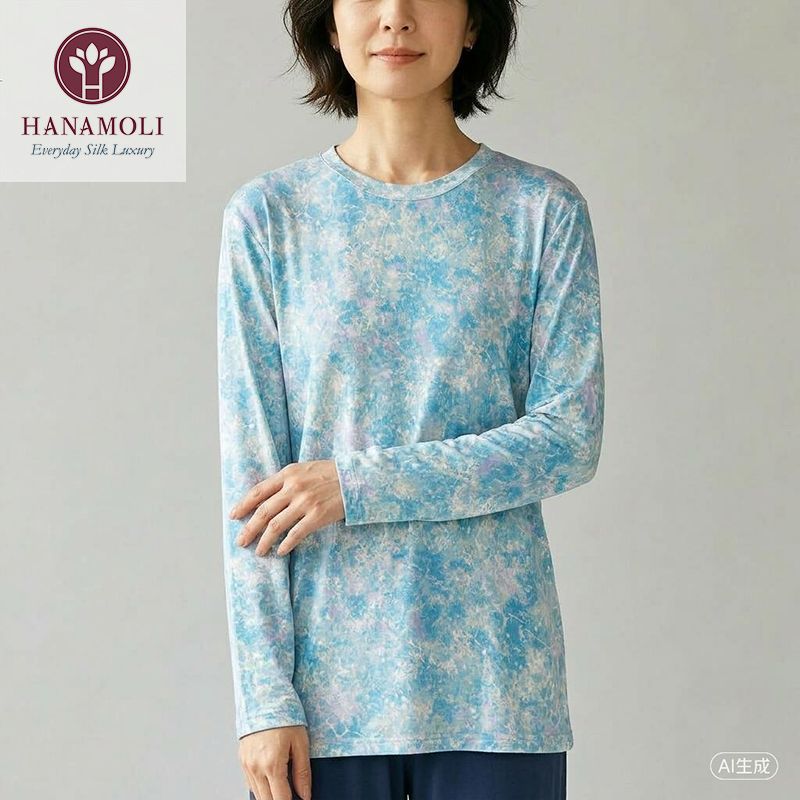 Hanamoli Mulberry Silk Knitted Printed Mother's Shirt Spring & Fall Long-Sleeved Home Wear Bottoming Shirt Pajama Set