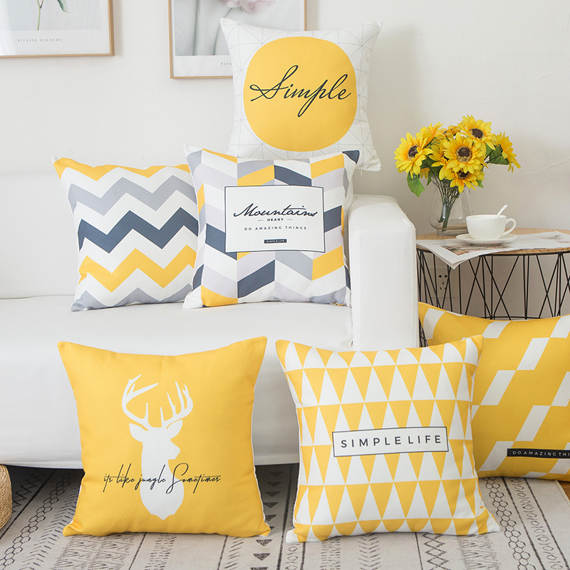 ins yellow geometric cotton numb holding pillow minimalist about Nordic design yellow sofa cushions office-like room leaning back