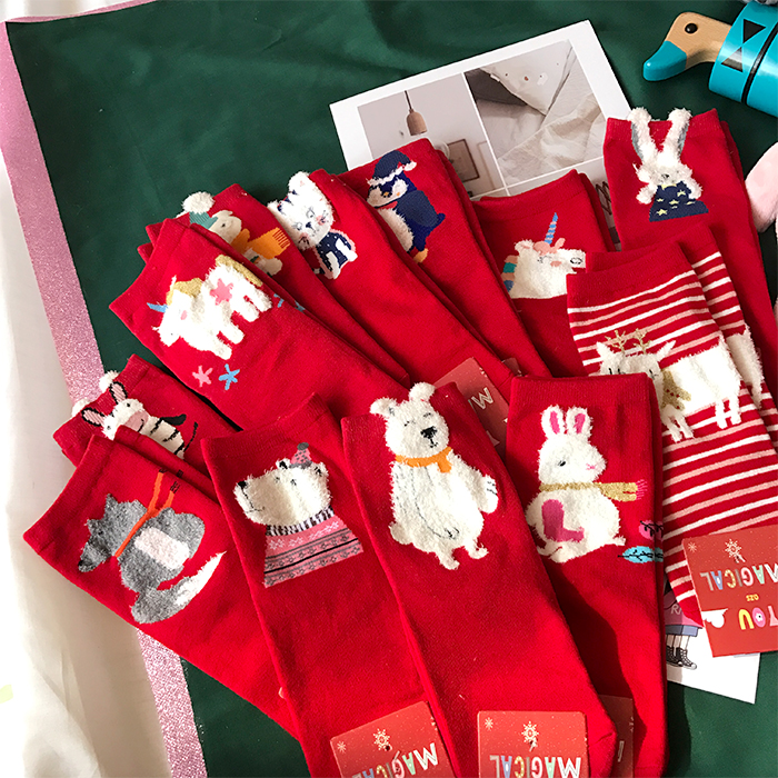 Phim hoạt hình dễ thương năm sinh vớ sinh viên vớ cotton Giáng sinh vớ ống vớ mùa đông ấm đỏ vớ phụ nữ tất nữ hàn quốc