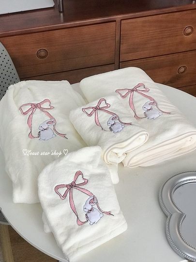 可爱蝴蝶结兔子浴巾浴裙干发帽套装女超强吸水珊瑚绒洗脸毛巾裹巾