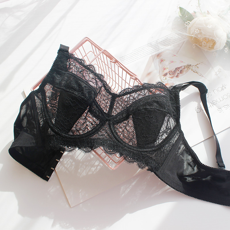 Thin Plus-Size Women's Bra with Soft Underwire, Lace Lingerie for Chubby Women, Breathable, Sexy, Transparent, Makes Large Busts Appear Smaller, Prevents Exposure