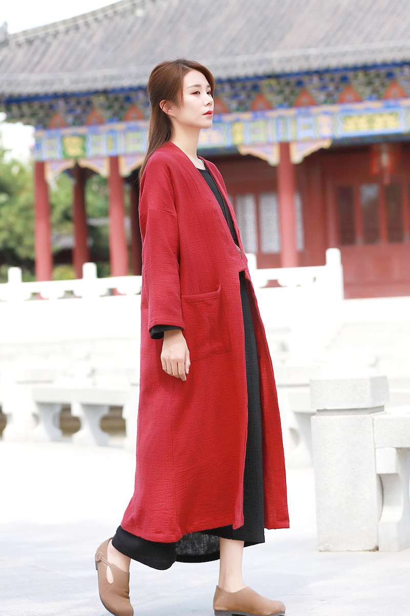 Mùa thu và mùa đông mới cotton và vải lanh văn học phụ nữ màu rắn hai lớp tre áo dài phần áo khoác ngoài của phụ nữ - Trench Coat áo gió nữ