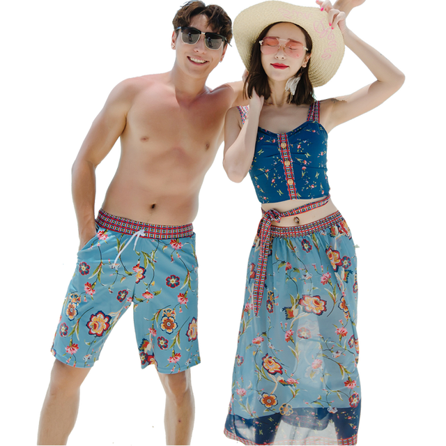 ຊຸດ bikini ສາມສິ້ນຂອງໄທ seaside honeymoon ຄູ່ຜົວເມຍວັນພັກຮ້ອນຜູ້ຊາຍແລະແມ່ຍິງຫາດຊາຍ pants ເຄື່ອງນຸ່ງຫົ່ມລອຍນ້ໍາ