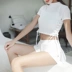Áo tắm Hàn Quốc nữ ba mảnh bảo thủ ren trắng đen gợi cảm cổ cao tay áo ngắn che cánh tay áo ngực chia nhỏ áo tắm Bộ đồ bơi hai mảnh