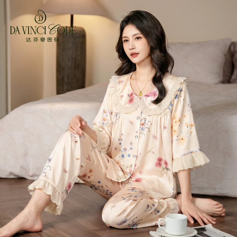 The Da Vinci Code 2026 Spring/Summer New Collection Spring Prologue Doll Collar Loose Pajamas Women's Ice Silk Homewear Set The Da Vinci Code 2026 Spring/Summer New Collection Spring Prologue Doll Collar Loose Pajamas Women's Ice Silk Homewear Set