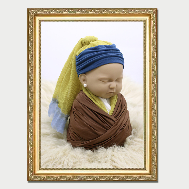 Newborn Photography Clothing, Girl Wearing Pearl Earrings, Headscarf, Hat, Wrap, Creative Baby Infant Confinement Photo Newborn Photography Clothing, Girl Wearing Pearl Earrings, Headscarf, Hat, Wrap, Creative Baby Infant Confinement Photo