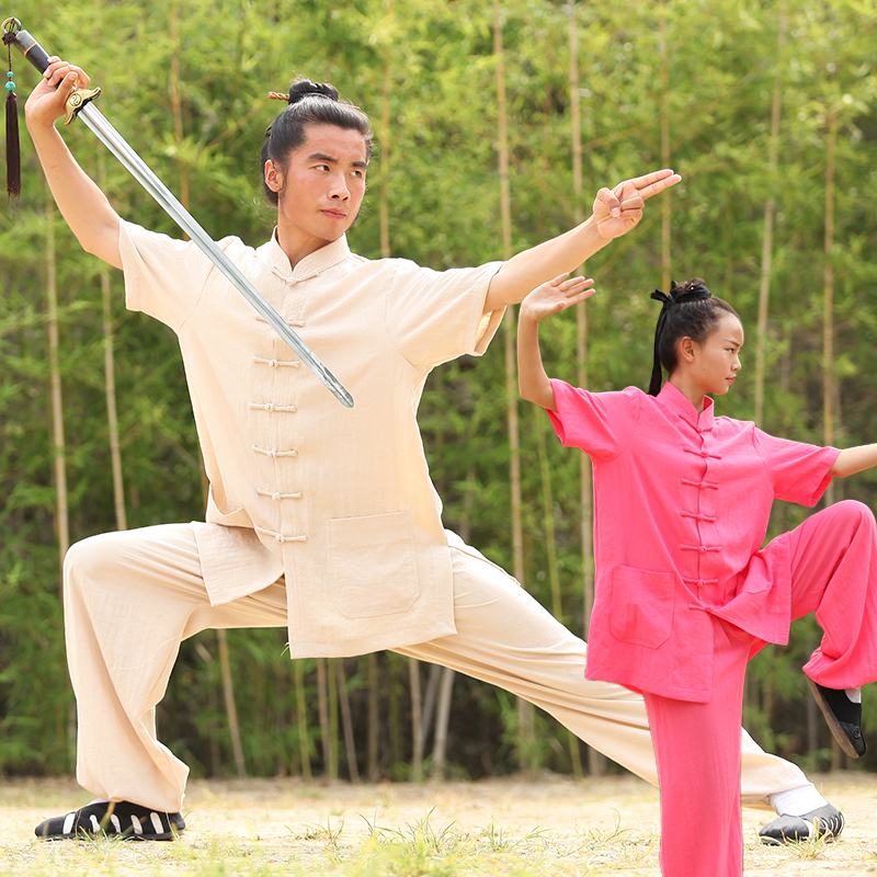 Hongyue Wudang Tai Chi Suit Summer Short Sleeve Cotton and Hemp Morning Exercise Suit Wushu Practice Suit Linen Tai Chi Kung Fu Men and Women