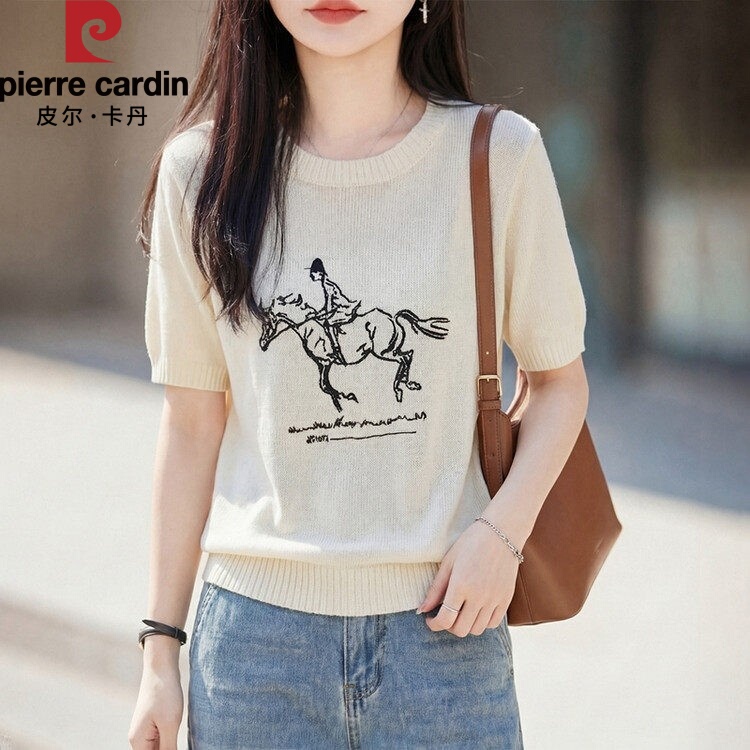 Pierre Cardin Summer Silk Linen Knit Short-Sleeve Women's Tank Top T-Shirt with Thin Embroidery, Solid Color, Old Money Style Top Pierre Cardin Summer Silk Linen Knit Short-Sleeve Women's Tank Top T-Shirt with Thin Embroidery, Solid Color, Old Money Style Top