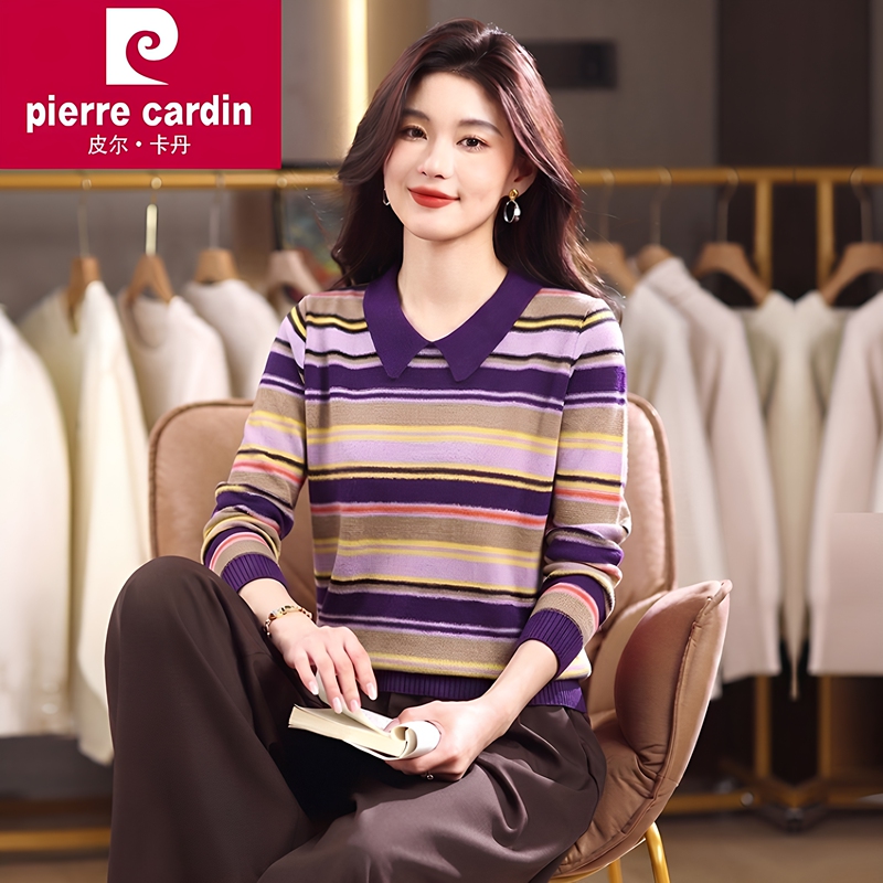 Pierre Cardin Striped Long-Sleeve T-Shirt for Women, Pullover, Thin, Loose, Stylish, Color-Blocked Knit Top
