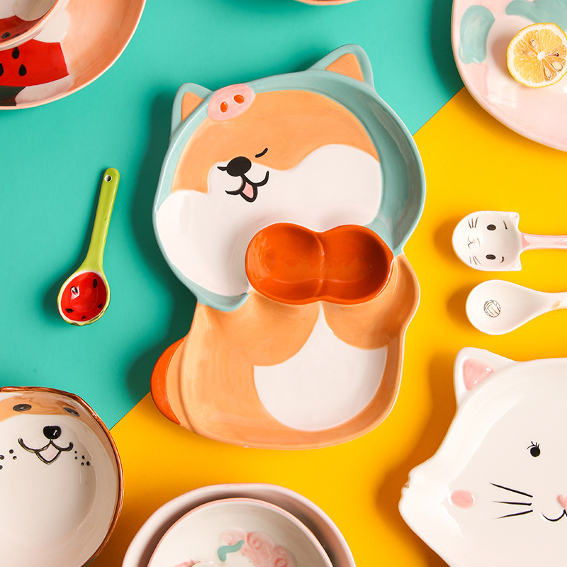 Japanese-Style Hand-Painted Cartoon Bowl and Plate Set, Creative Divided Plate, Rice Bowl, Household Dish Plate, Ceramic Tableware, Unicorn Japanese-Style Hand-Painted Cartoon Bowl and Plate Set, Creative Divided Plate, Rice Bowl, Household Dish Plate, Ceramic Tableware, Unicorn