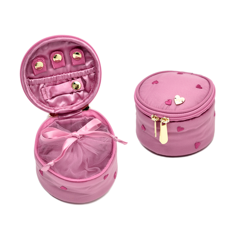 Embroidery Small Love Web Yarn Sweet Beauty Round Jewellery Bag First Accessories Box Travel Portable Ring Earrings Necklace Containing