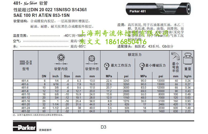 PARKER Parker 481 medium pressure one layer steel wire hydraulic pipe