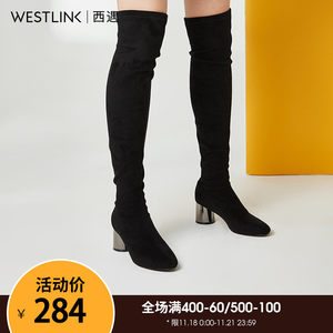 西遇过膝长靴女2019新款冬季休闲圆头高跟网红瘦瘦靴女潮D2094157