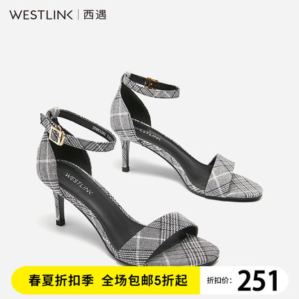 西遇女鞋2018新款凉鞋女夏千鸟格子一字搭扣