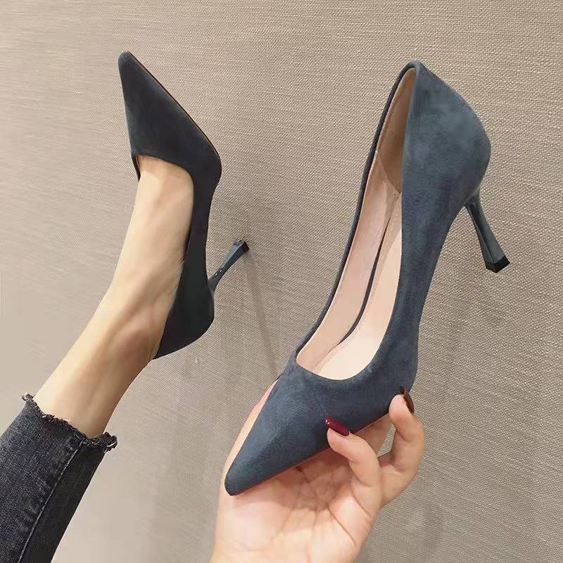 High-Heeled Shoes with Pointed Toe, Matte Finish, Stiletto Heel, Women's Single Shoes, Korean Style, Suede, Shallow Mouth, 6/ 8cm , Office Professional, Blue-Gray High-Heeled Shoes with Pointed Toe, Matte Finish, Stiletto Heel, Women's Single Shoes, Korean Style, Suede, Shallow Mouth, 6/ 8cm , Office Professional, Blue-Gray