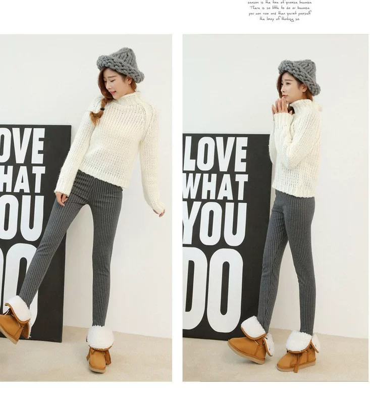 Mỡ mm cộng với nhung dày mùa thu và quần dài sọc dọc nữ cộng với phân bón XL quần legging chân bút chì 200 kg quần áo thời trang nữ