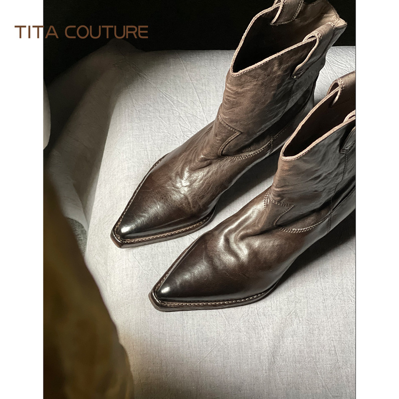 Titagd【Xuantian】High-End Heeled Short Boots for Women, Pointed Toe, Retro Chunky Heel, Horse Leather Boots, Wide Calf Western Boots Titagd【Xuantian】High-End Heeled Short Boots for Women, Pointed Toe, Retro Chunky Heel, Horse Leather Boots, Wide Calf Western Boots