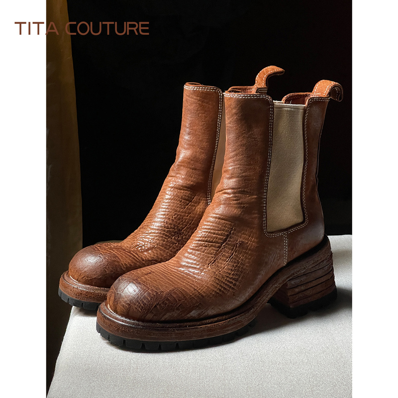 Titagd【Wasteland】Horsehide Chelsea Boots 2026 New Thick-Soled High-Heeled Cigarette Boots Women's Mid-Calf Boots Titagd【Wasteland】Horsehide Chelsea Boots 2026 New Thick-Soled High-Heeled Cigarette Boots Women's Mid-Calf Boots