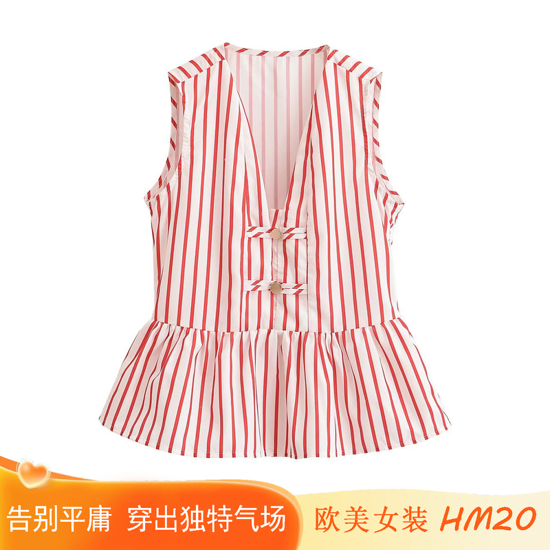 New Style Women's Clothing European and American Style Fashionable Versatile V-Neck Sleeveless Shirt with Knot Buttons and Striped Top 3897120 New Style Women's Clothing European and American Style Fashionable Versatile V-Neck Sleeveless Shirt with Knot Buttons and Striped Top 3897120