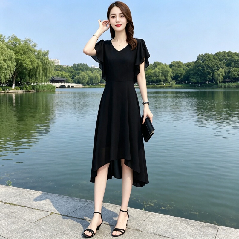 Supdorx~ Stylish and Fashionable Asymmetrical Short-Sleeved Dress with a Slim Waist, Suitable for Beach Vacations, Mid-Length Summer Dress Supdorx~ Stylish and Fashionable Asymmetrical Short-Sleeved Dress with a Slim Waist, Suitable for Beach Vacations, Mid-Length Summer Dress