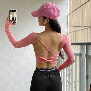 露脐短款镂空性感美背瑜伽长袖女紧身速干吸湿排汗跑步健身带胸垫