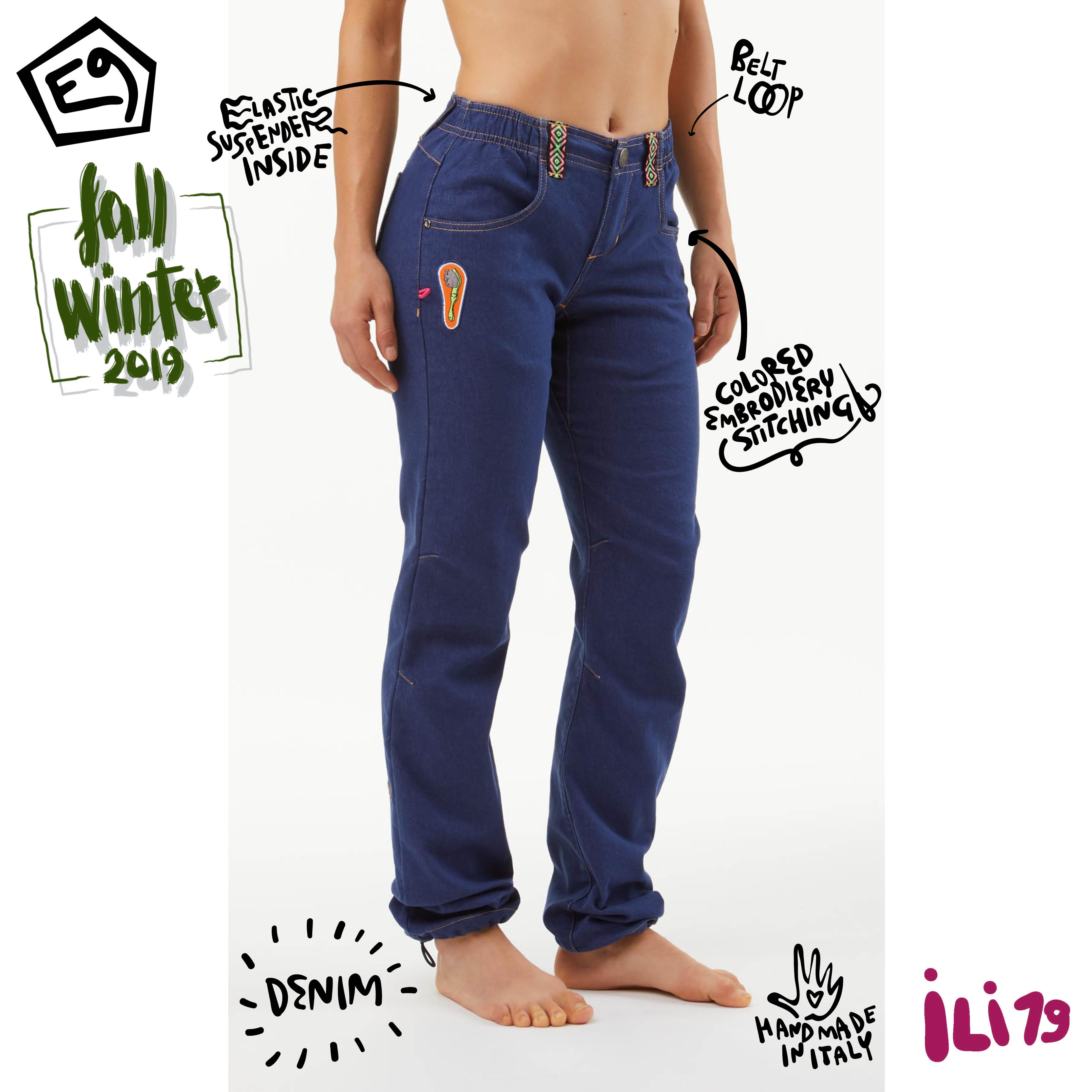 E9 rock climbing iLi FW19 Women's Light sports jeans fashion car flower fun patch