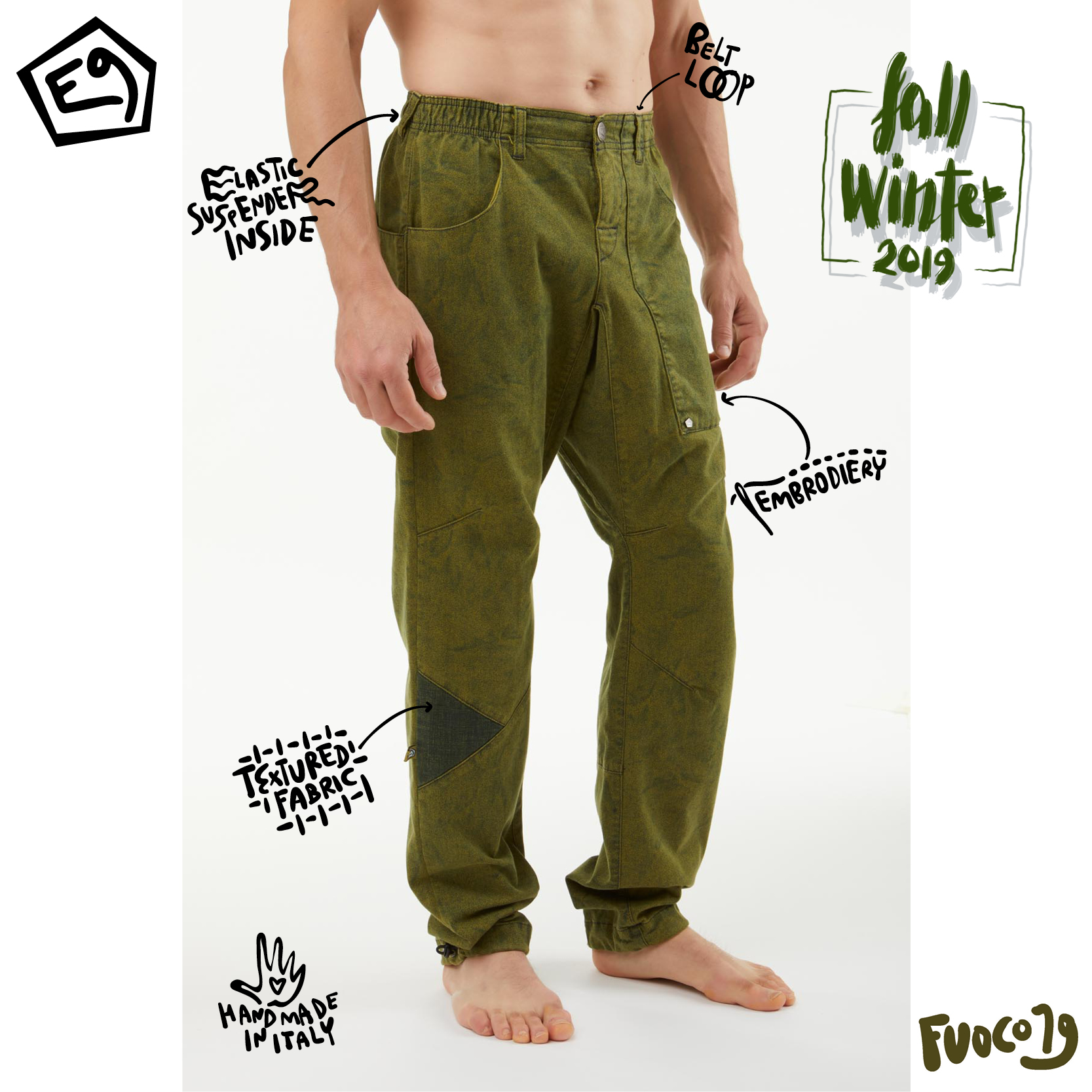 E9 Rock Climbing Fuoco2 Men's Thickened Climbing Pants Denim Pattern Fabric Environmentally Friendly Organic Cotton Autumn and Winter