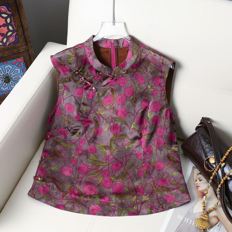 New Chinese-Style Xiangyun Silk Sleeveless Vest for Women, Summer Retro Diagonal Collar National Style Vest with a Unique Design, Niche Light Luxury Top