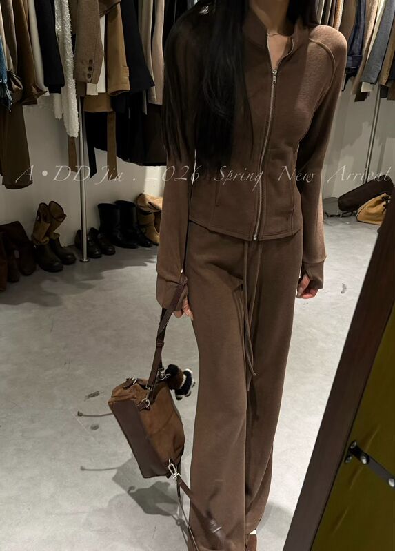Add Comic-Style Stand-Up Collar Waist-Cinching Slim-Fit Casual Suit for Women, Autumn Commuter Top and Pants Two-Piece Set 93851