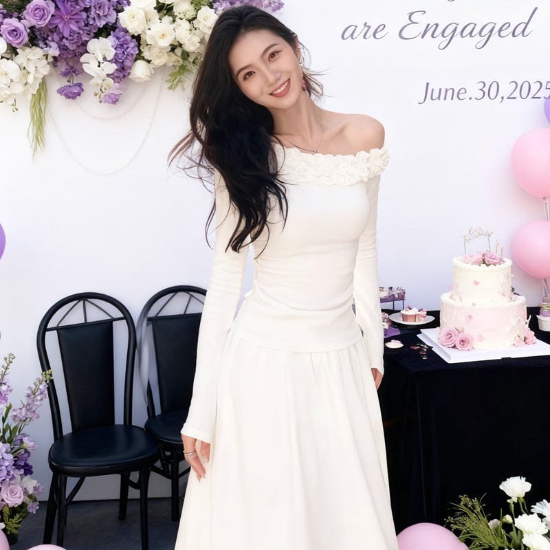 French-Style White Dress with Long Sleeves and Off-The-Shoulder Design, Suitable for Everyday Wear, Engagement Dress, Wedding Morning Gown French-Style White Dress with Long Sleeves and Off-The-Shoulder Design, Suitable for Everyday Wear, Engagement Dress, Wedding Morning Gown