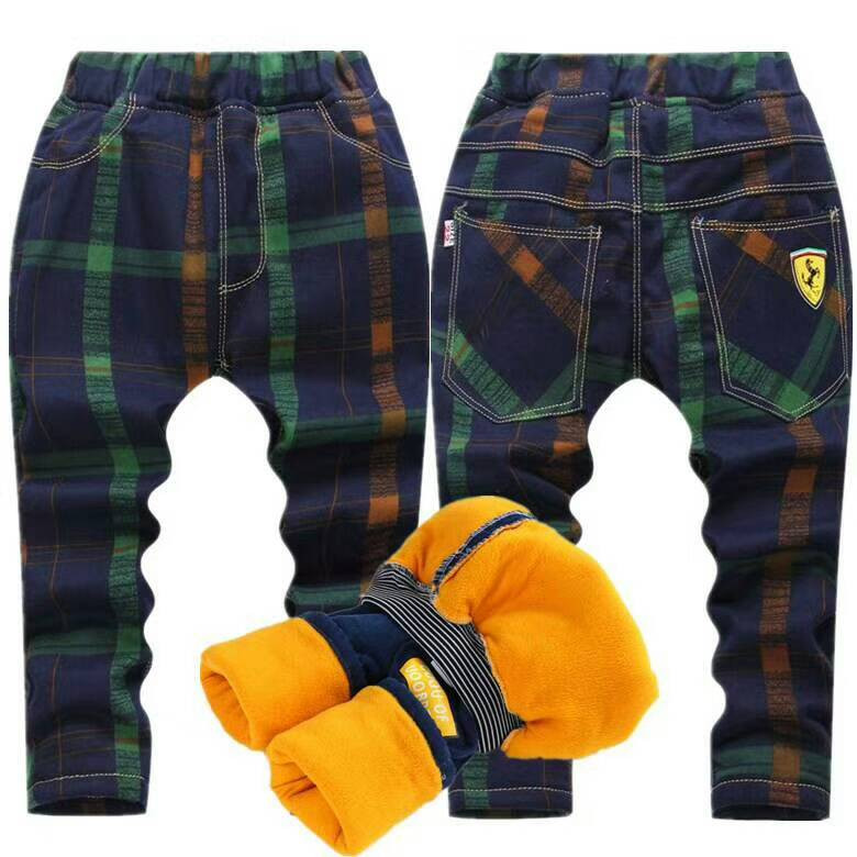 Quần dài bé trai 2018 mẫu mùa thu đông mới cộng với quần nhung kẻ sọc lớn cho bé quần denim kẻ sọc để giữ ấm quần bò bé gái 