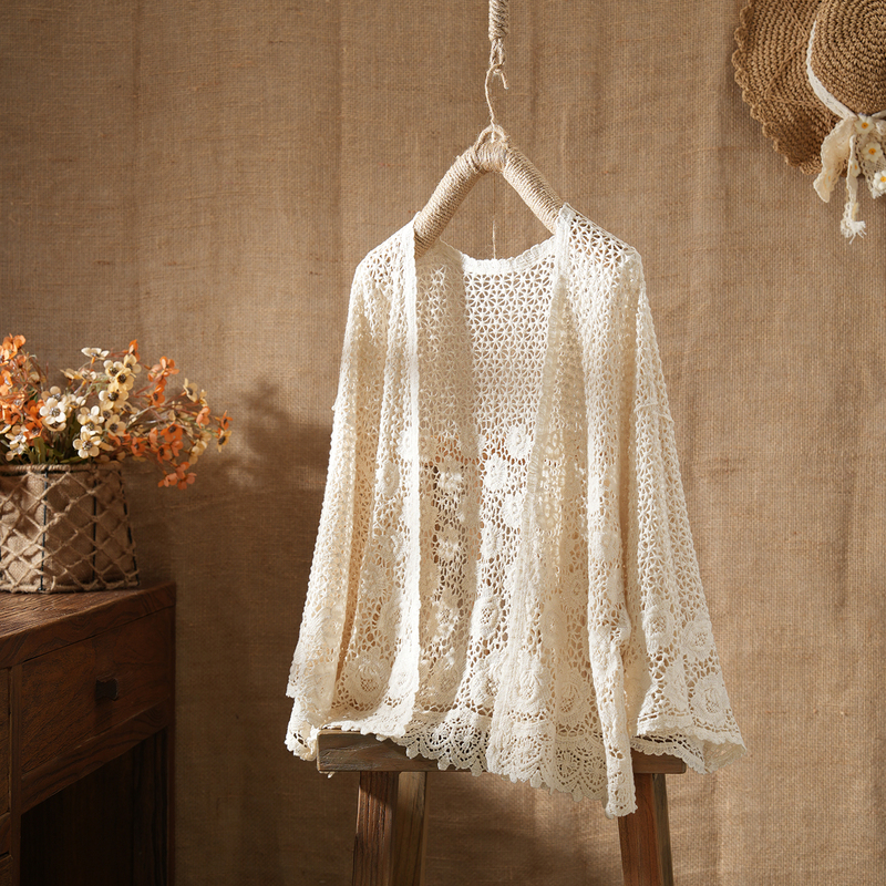 2024 Cheongsam Shawl Jacket Summer Sun Protection Air-Conditioning Shirt Thin Outerwear Pure Cotton Crochet Hollow Knit Cardigan for Women