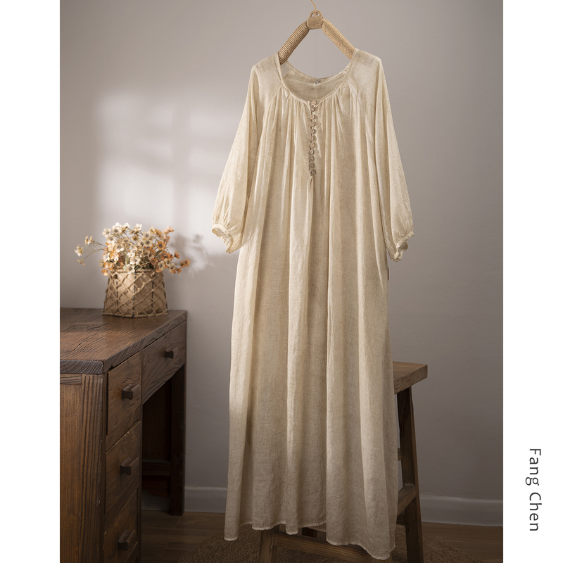 Fangchen French-Style Lazy Cotton Dress for Women, Mid-Sleeve, Loose A-Line, Long Skirt, Vacation Style, Slimming, Tie-Dye Effect Fangchen French-Style Lazy Cotton Dress for Women, Mid-Sleeve, Loose A-Line, Long Skirt, Vacation Style, Slimming, Tie-Dye Effect