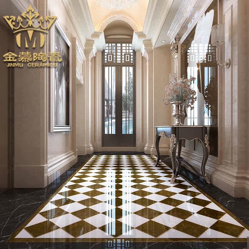 Black and white geometric diamond square gold - plated crystalline tiles 600 modern guest restaurant floor tile 800 British minimal style