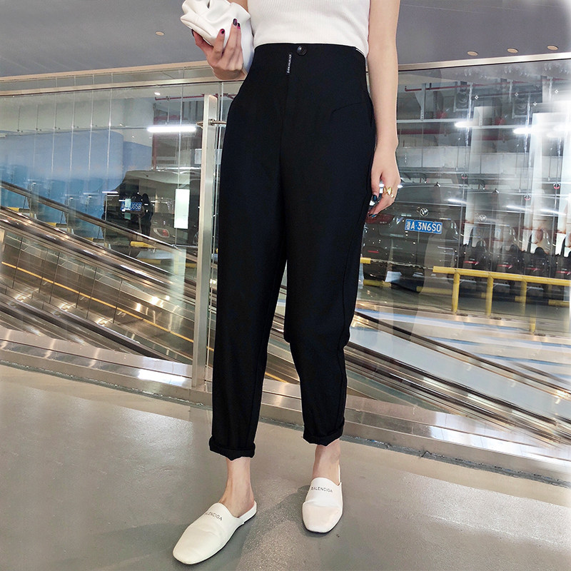 Europe station 2021 summer thin casual trousers women's straight ultra-high waist suit pants women's small feet show thin nine-point pants
