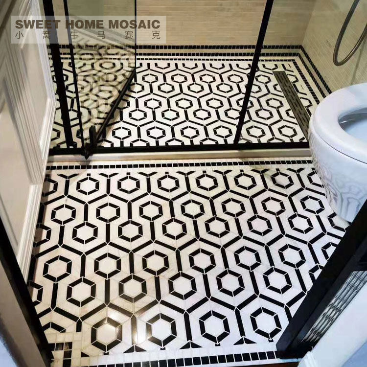 Natural Stone Mosaic Parquet Background Wall Modern Minima Black White Hexagon Puzzle Ground Anti Slip Tile