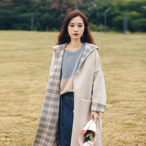 Plaid hooded Hepburn hair coat womens autumn and winter 2020 new medium long small man Joker coat